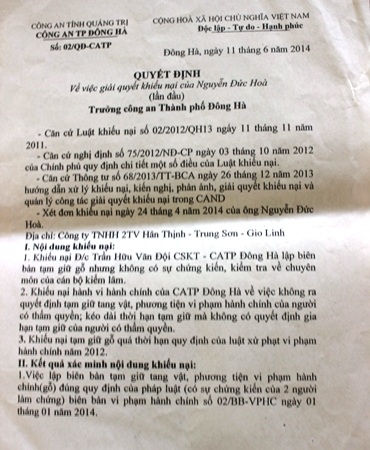 Văn bản trả lời của Công an TP Đông Hà về việc giải quyết khiếu nại của ông Hòa