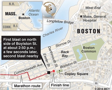 Lộ trình của cuộc đua Marathon và vị trí của vụ nổ