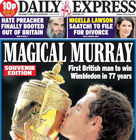 Daily Express: Murray ma thuật. Lần đầu tiên một tay vợt nam của Vương quốc Anh thắng tại Wimbledon