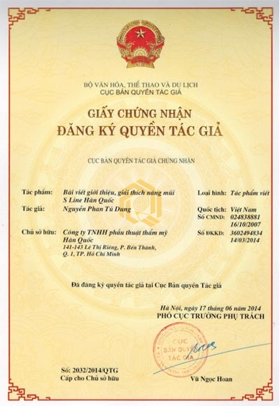 Nâng mũi SLine- Xu hướng thẩm mỹ hiện nay - 5 Biên bản công nhận
đăng ký quyền tác giả về công nghệ nâng mũi S line tại Việt Nam.