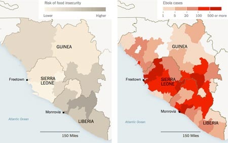 Bản đồ nguy cơ nạn đói và dịch Ebola (độ đậm của bảng màu thể hiện mức độ tăng dần của nguy cơ)