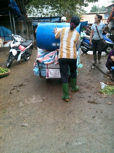 Ông Truyền thuê người
chở mực đông lạnh và thùng phuy về phòng trọ.