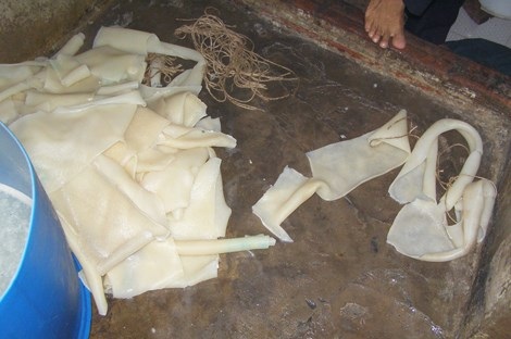 Cận cảnh “công nghệ” chế biến da heo phồng - 1 Da heo để dưới nền đất dơ bẩn, cạnh nhà vệ sinh hôi hám.