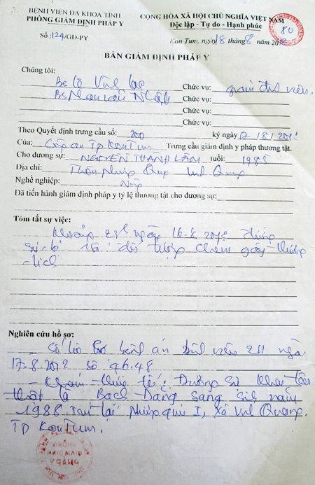 Biên bản giám định pháp y với tỷ lệ thương tật của Nguyễn Thành Lâm.