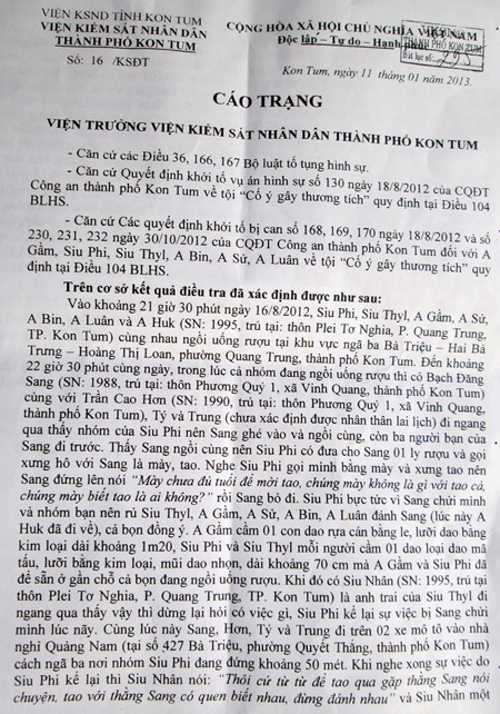 Bản cáo trạng với tỷ lệ thương tật của Lâm được đắp sang cho Sang