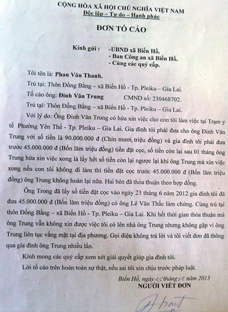 Đơn tố cáo của gia đình nạn nhân