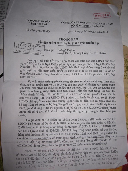Quyết định mới nhất của UBND tỉnh Gia Lai yêu cầu bà Lý nhận tiền 