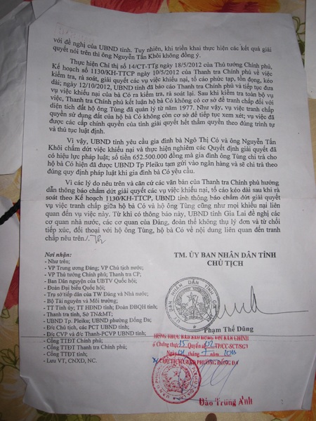 Quyết định mới nhất của UBND tỉnh Gia Lai yêu cầu bà Lý nhận tiền 