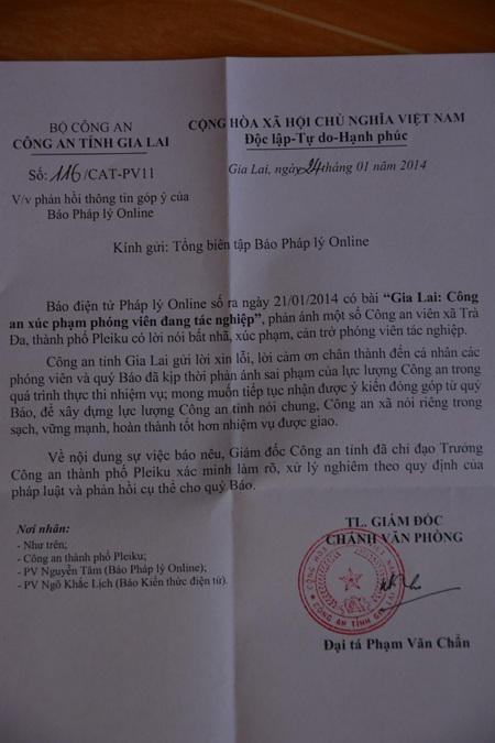 Công văn xin lỗi phóng viên của Công an tỉnh Gia Lai