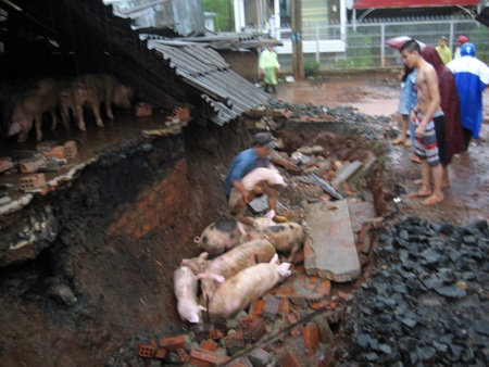 Mưa lớn, nước chảy xiết bóc luôn cả mặt đường