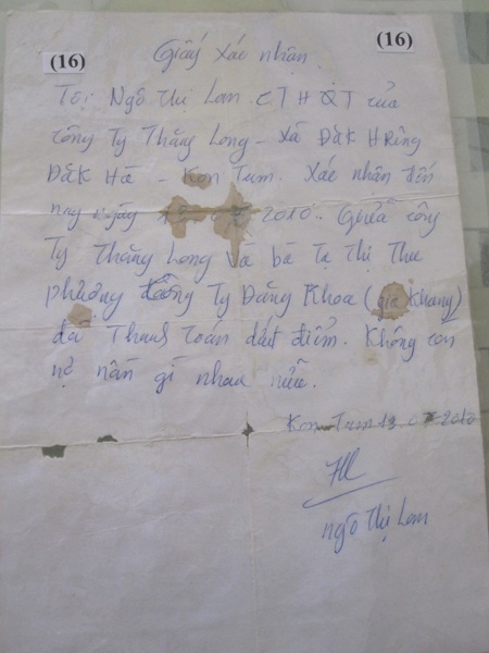Giấy xác nhận bà Phường đã hết nợ của bà Lan