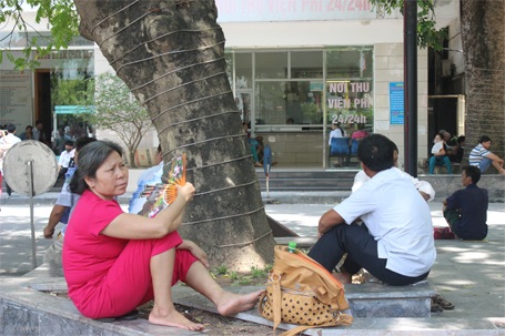 Muôn kiểu “trốn” nắng nóng trong bệnh viện - 14 Hết chỗ nhiều người buộc phải trốn nắng nóng dưới gốc cây
