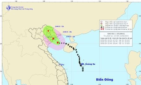Bão số 1 đang hướng thẳng vào Quảng Ninh - Thái Bình - 1 Lúc 23h đêm qua, bão số 1 chỉ cách bờ biển Quảng Ninh - Thái Bình khoảng 100km (Ảnh TTDBKTTVTƯ)