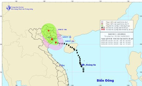 Bão số 1 đang hướng thẳng vào Quảng Ninh - Thái Bình - 2 Lúc 5h sáng nay, bão số 1 cách bờ biển Quảng Ninh - Thái Bình khoảng 70km (ảnh TTDBKTTVTƯ)
