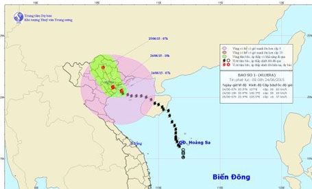 Bão tiến gần bờ, Quảng Ninh, Hải Phòng, Thái Bình căng mình đối phó - 19 Lúc 9h sáng nay, bão số 1 đang cách bờ biển Quảng Ninh - Thái Bình khoảng 50km (ảnh TTDBKTTVTƯ)