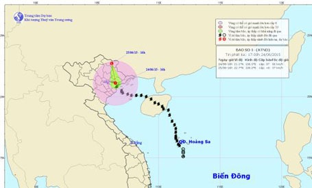 Bão số 1 đã suy yếu thành áp thấp nhiệt đới (ảnh TTDBKTTVTƯ)