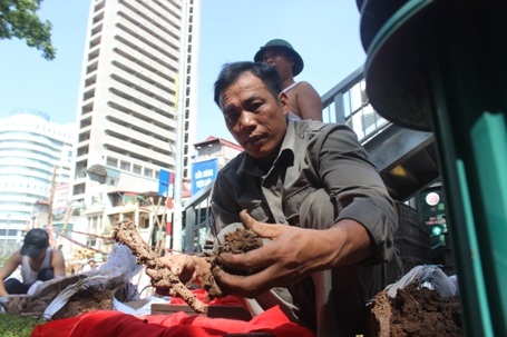 Công nhân đang chuyển những bộ hài cốt sang các tiểu mới.