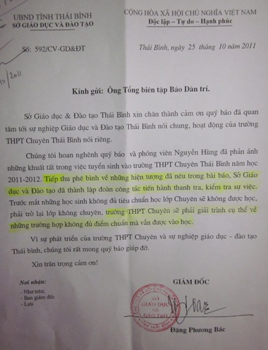 Sở GD&ĐT Thái Bình yêu cầu làm rõ vấn đề Dân trí đưa tin - 1 Sở GD&ĐT Thái Bình yêu cầu làm rõ vấn đề Dân trí đưa tin - 1