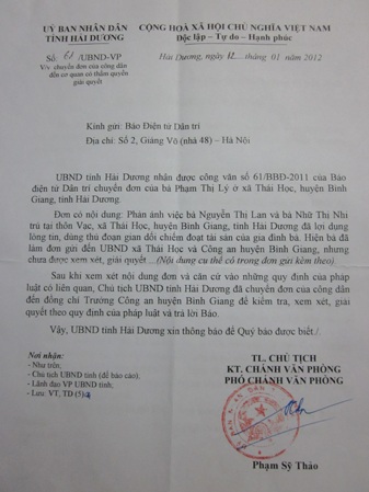 Hải Dương: Chủ tịch UBND tỉnh chỉ đạo giải quyết vụ việc Dân trí nêu - 1 Hải Dương: Chủ tịch UBND tỉnh chỉ đạo giải quyết vụ việc Dân trí nêu - 1