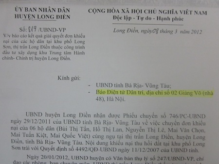 Chủ tịch UBND huyện Long Điền trả lời vụ việc Dân trí nêu - 1 Chủ tịch UBND huyện Long Điền trả lời vụ việc Dân trí nêu