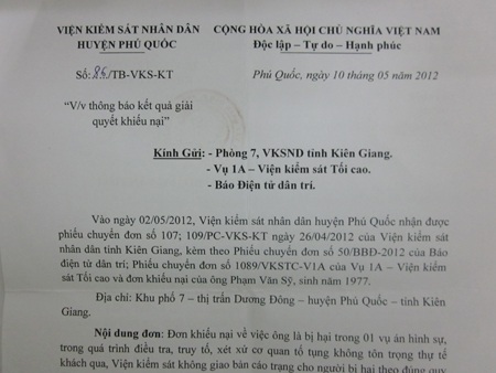 Kết luận giải quyết khiếu nại vụ án “cố ý gây thương tích” tại Phú Quốc - 1 Kết luận giải quyết khiếu nại vụ án “cố ý gây thương tích” tại Phú Quốc