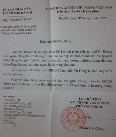 Thành phố yêu cầu xử lý "núi rác" giữa Thủ đô - 1 Công văn chỉ đạo xử lý vụ việc của UBND TP. Hà Nội gửi báo Dân trí