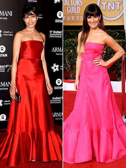 Kiều nữ Hollywood lại “đụng hàng” - 9 Freida Pinto và Lea Michele trong chiếc váy dạ hội kiêu sa của Valentino với 2 tông màu ấm áp