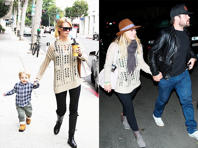 Người đẹp Hollywood lại “đụng hàng” - 11 January Jones và Hilary Duff đều thích chiếc áo len đan móc màu sữa của Heartloom