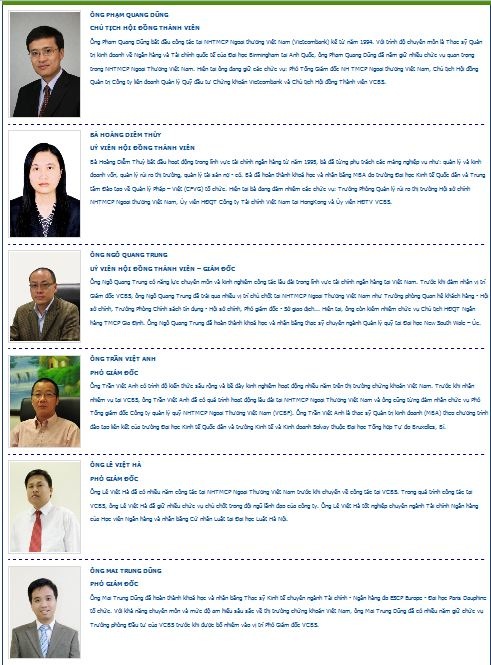 Phần giới thiệu về Bộ máy quản lý của VCBS vắng vị trí Giám đốc.