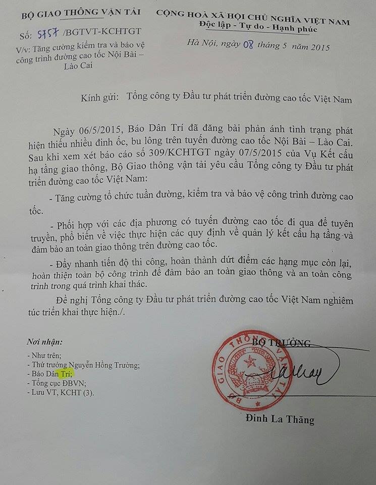 Bộ trưởng Thăng: “Sớm dứt điểm vụ thiếu đinh ốc trên đường cao tốc” - 1 Bộ trưởng Thăng: “Sớm dứt điểm vụ thiếu đinh ốc trên đường cao tốc”