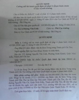 BVĐKTƯ Cần Thơ bị cưỡng chế xử phạt do xả thải ra môi trường - 1 Quyết định cưỡng chế của Cục C49 đối với bệnh viện Đa khoa Trung ương Cần Thơ