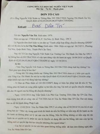 Cục trưởng Cục THA dân sự TP Cần Thơ bị tố vì "câu giờ" thi hành án - 1 Đơn tố cáo của ông Tài gửi báo Dân trí
