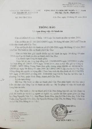 Cục trưởng Cục THA dân sự TP Cần Thơ bị tố vì "câu giờ" thi hành án - 3 Thông báo do Cục trưởng CTHA Dân sự TP Nguyễn Viết Xuân ký