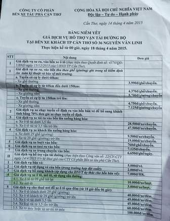 Bảng giá ra vào bến xe do công ty bến xe tàu Cần Thơ quy định
