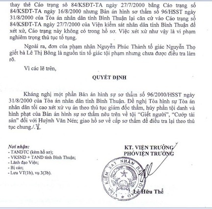 Khẩn trương xem xét kháng nghị vụ án Huỳnh Văn Nén - 1 Kháng nghị giám đốc của VKSND Tối cao gửi sang TAND Tối cao.