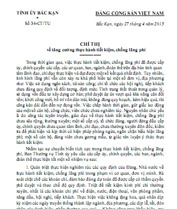 Cấm lãnh đạo, cán bộ can thiệp vào hoạt động đầu tư công để trục lợi - 2 Chỉ thị số 34-CT/TU được Bí thư Tỉnh ủy Bắc Kạn ký ban hành ngày 27/4/2015.