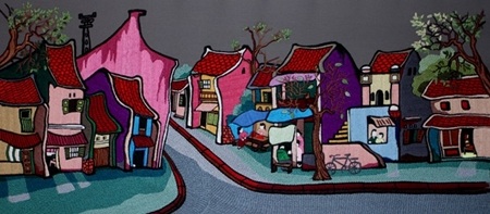 Phố cổ Hà Nội hiện lên đầy dung dị qua những tác phẩm tranh thêu len.