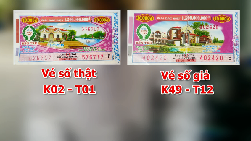 Cảnh giác với nạn vé số giả - 3 Hình ảnh so sánh giữa vé số thật và vé số giả (dán ngày tháng mới đè lên tờ vé cũ)