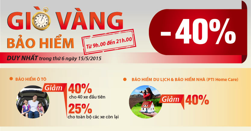 Giờ vàng Bảo Hiểm PTI giảm 40% phí