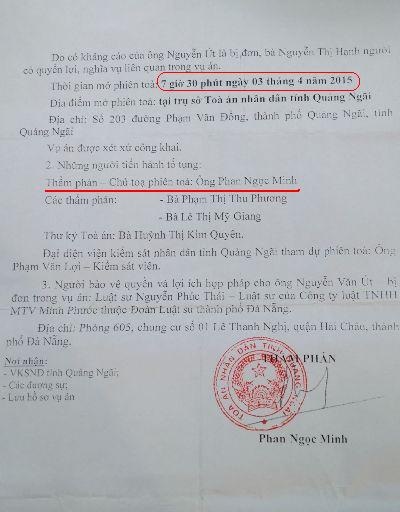 TAND tỉnh Quảng Ngãi chốt lịch xét xử vụ Tòa huyện Đức Phổ “ém nhẹm” bản án - 1 Giấy mời ấn định thời gian xét xử phúc thẩm của TAND tỉnh Quảng Ngãi.
