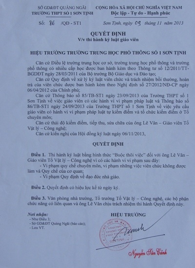 Quảng Ngãi: Thu hồi quyết định của hiệu trưởng “buộc thôi việc” giáo viên tố cáo