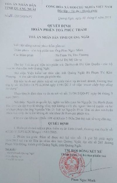 Vụ “ém nhẹm” bản án: Hoãn phiên tòa phúc thẩm vì luật sư ốm! - 1 Quyết định hoãn phiên toàn phúc thẩm và dời đến ngày 15/4 tới.