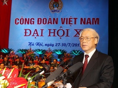 Khai mạc trọng thể Đại hội XI Công đoàn Việt Nam - 1 Tổng Bí thư Nguyễn Phú Trọng phát biểu tại Đại hội . (Ảnh: Trí Dũng/TTXVN)