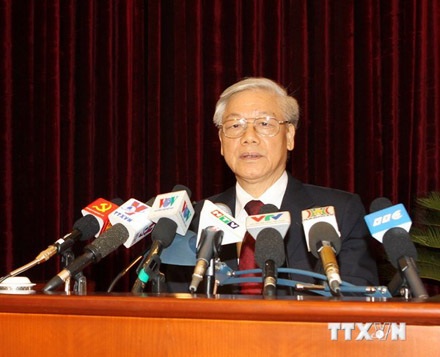 Tổng Bí thư: Kiên quyết bảo vệ chủ quyền và toàn vẹn lãnh thổ - 1 Tổng Bí thư Nguyễn Phú Trọng phát biểu bế mạc Hội nghị. (Ảnh: Trí Dũng/TTXVN)