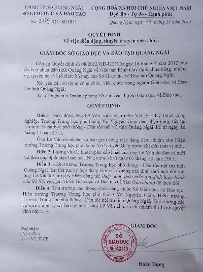 Giáo viên tố cáo hiệu trưởng đã được trở lại giảng dạy - 1 Quyết định bố trí công tác giảng dạy tại trường THPT Dân tộc Nội trú tỉnh Quảng Ngãi