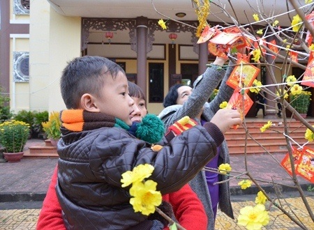 Cháu bé Tuấn Kiệt (5 tuổi) thích thú khi được mẹ đưa đi hái lộc đầu năm.