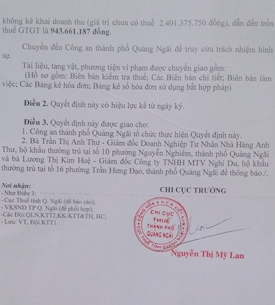 Nhà hàng vắng khách, xuất hơn 5.700 hóa đơn trị giá gần 25 tỷ đồng - 2 Quyết định truy tố của Chi cục Thuế TP Quảng Ngãi