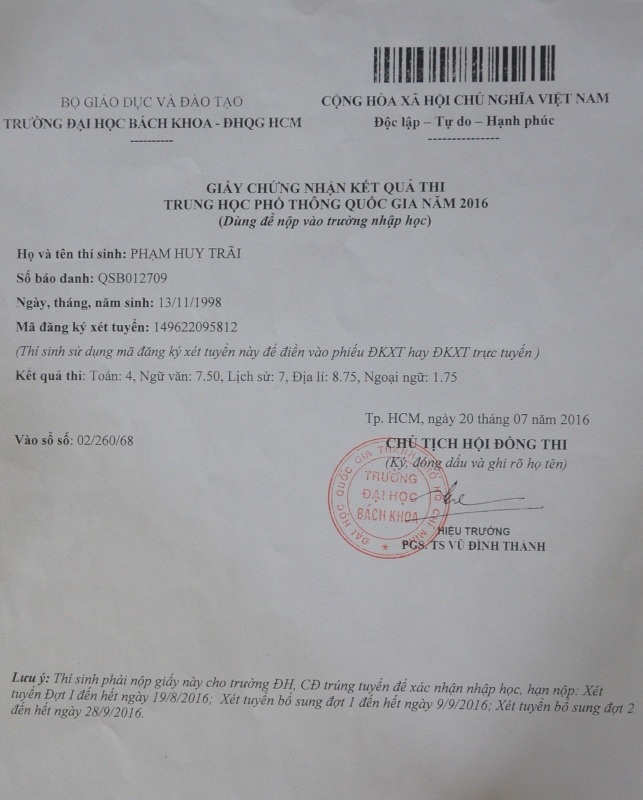 Giấy chứng nhận kết quả do trường ĐH Bách khoa - ĐH Quốc gia TPHCM xác thực.