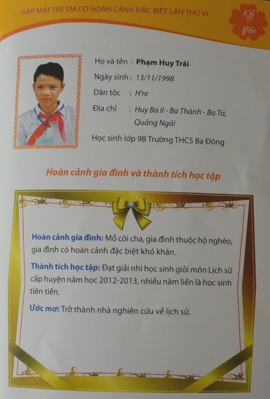 Thành tích và xác nhận hoàn cảnh của em Phạm Huy Trãi thông qua Quỹ học bổng Vừ A Dính.