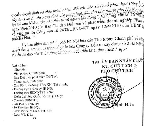Vụ cổ phần hoá “vịt trời” tại Hacinco: Người lao động cũng bị dồn vào “chân tường” - 3
Vụ việc cổ phần hoá tại Công ty HACINCO đã từng được UBND TP Hà Nội báo cáo Thủ tướng Chính phủ.